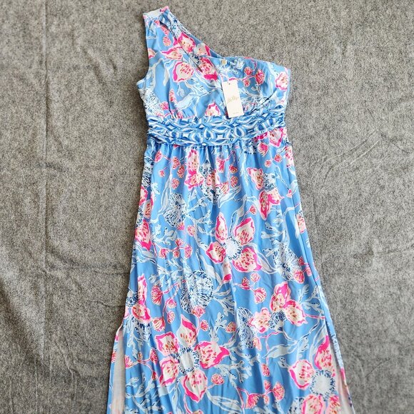 Lilly Pulitzer Helina One Shoulder Midi Dress Women's L Blue Bahamian Rhapsody - Picture 1 of 13
